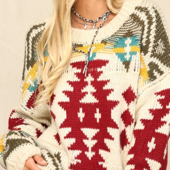 New Cozy Yellowstone Tribal Aztec Printed Pullover Crew Sweater - Picture 6 of 6